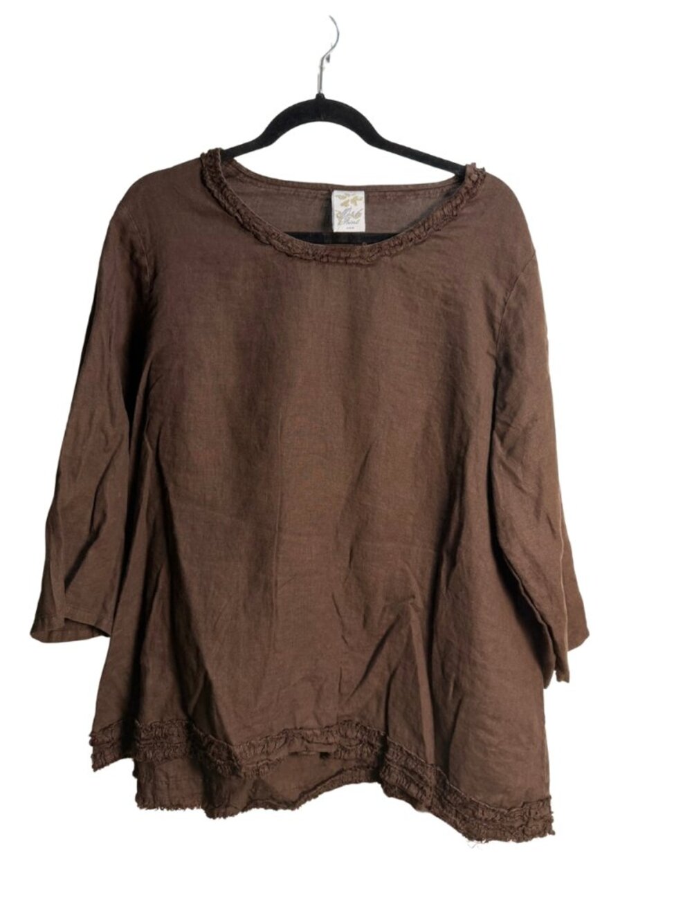 Match Point Brown 100% Linen Ruffle Trim Relaxed Blouse